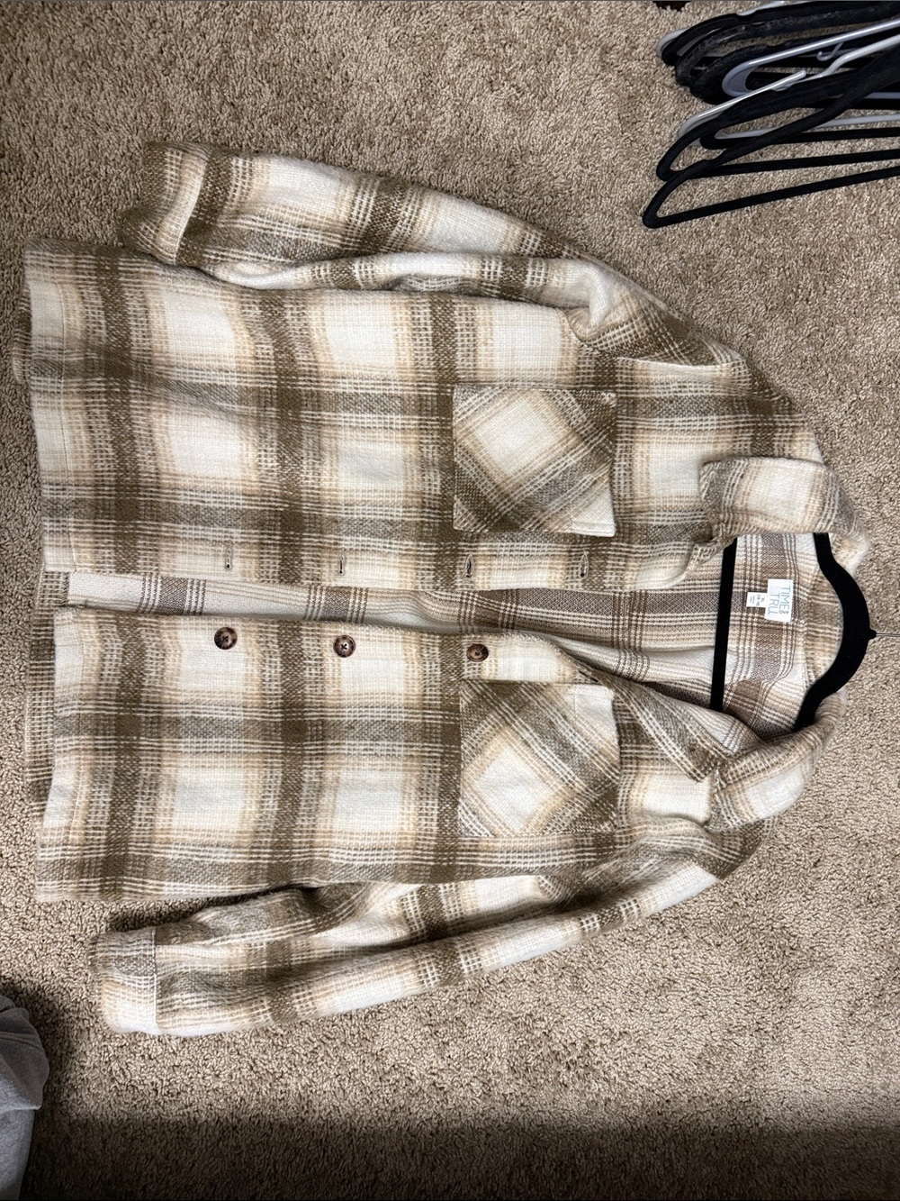 Time and Tru Plaid Utility Shacket in Cream and Tan